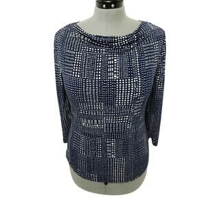 Liz Claiborne Women's Blue White Print 3/4 Sleeve Stretch Top Size PL
